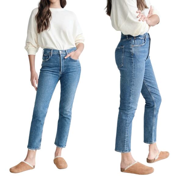 Agolde Riley High Rise Straight Crop Jeans In Silence Button Fly Size 33 - Picture 2 of 11